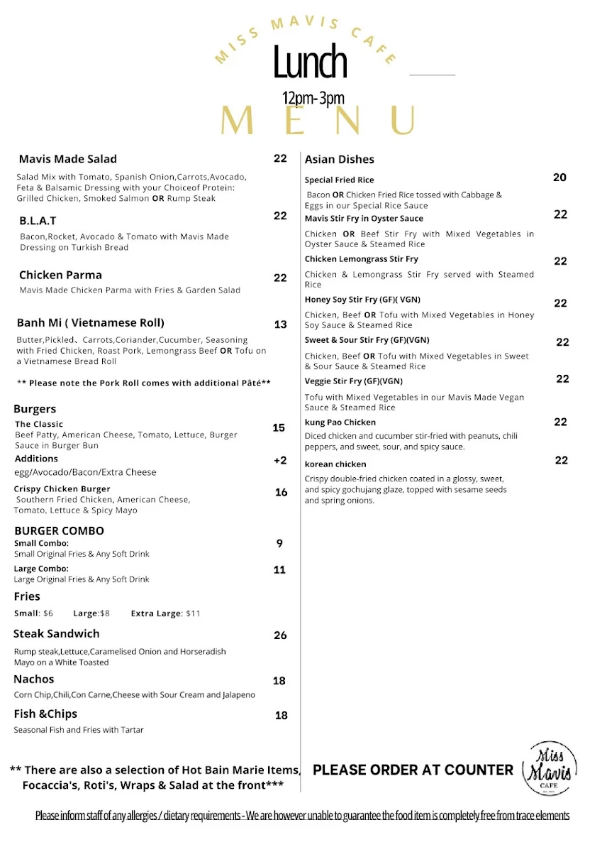 Menu, Miss Mavis Cafe