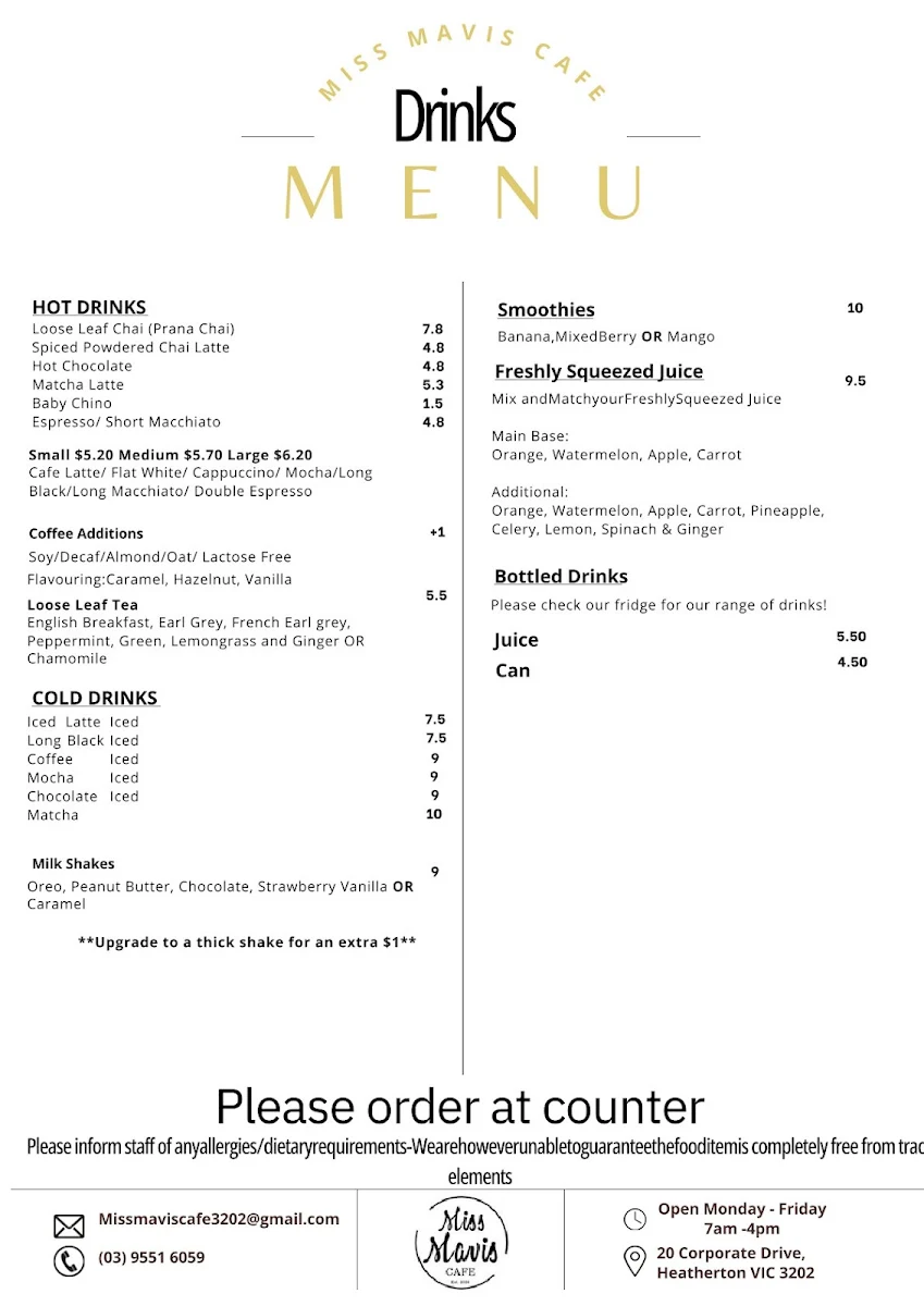 Menu, Miss Mavis Cafe