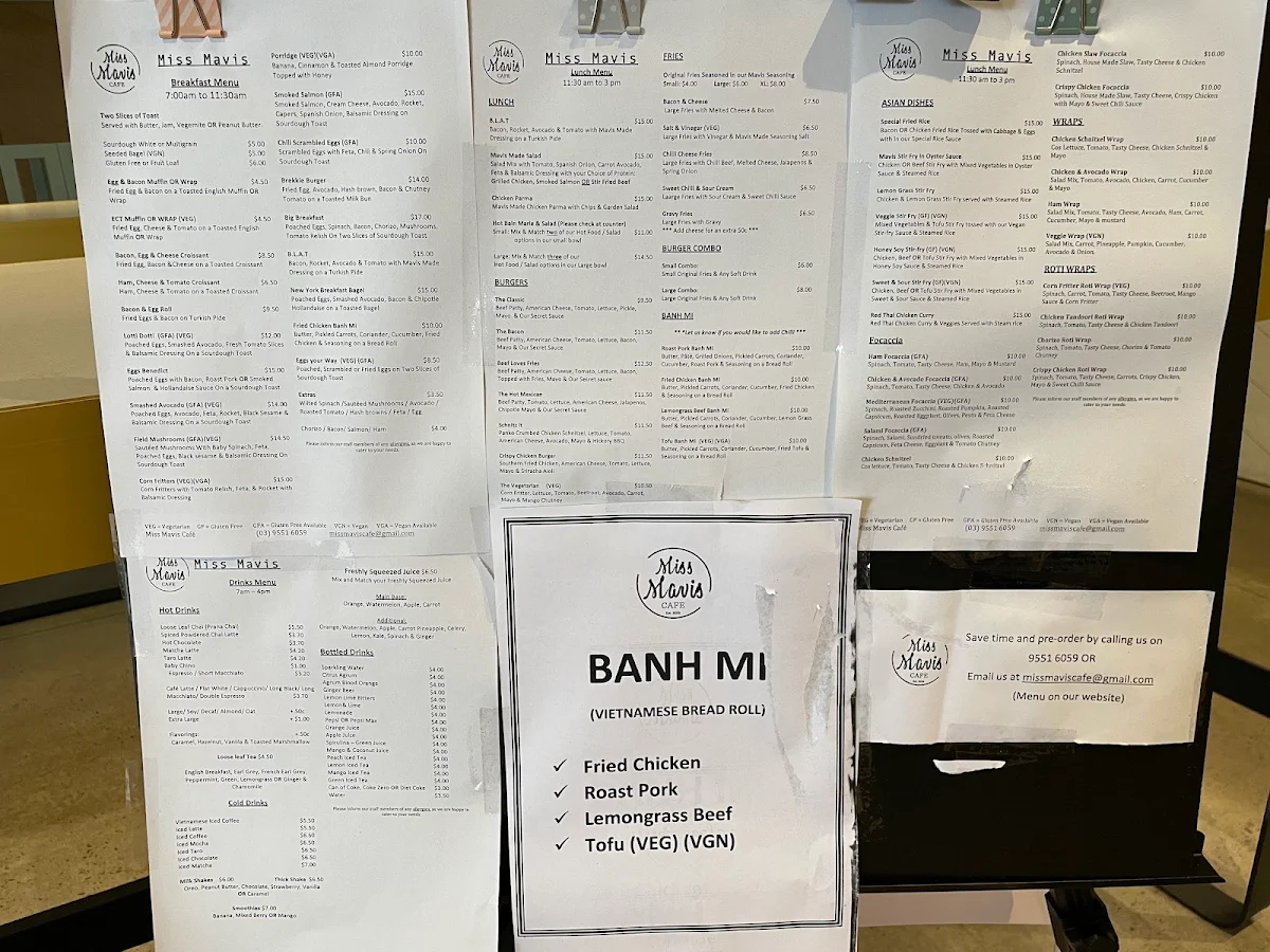 Menu, Miss Mavis Cafe