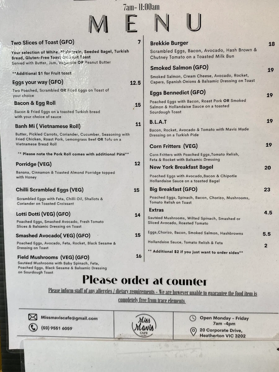 Menu, Miss Mavis Cafe