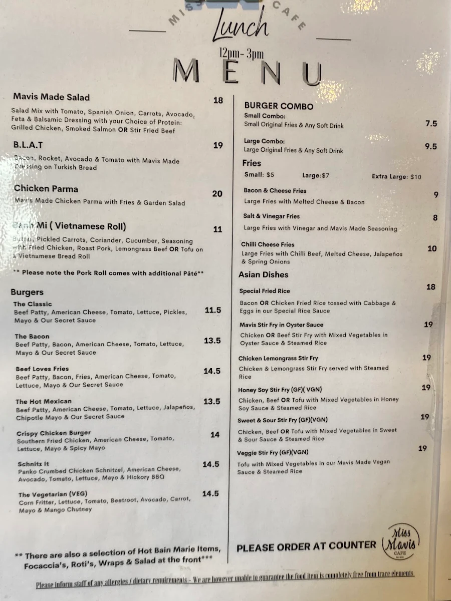 Menu, Miss Mavis Cafe
