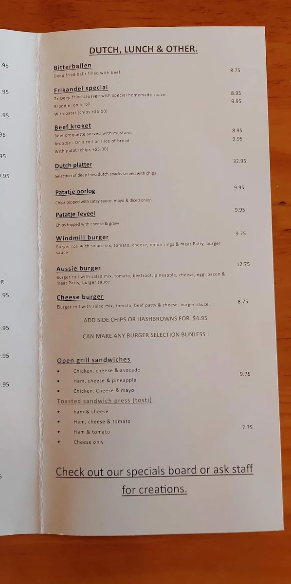 Menu, De Dutch Cafe