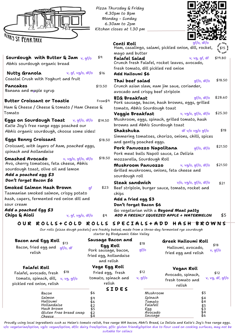 Menu, Kerry Street Pear Tree Cafe and Pizzeria