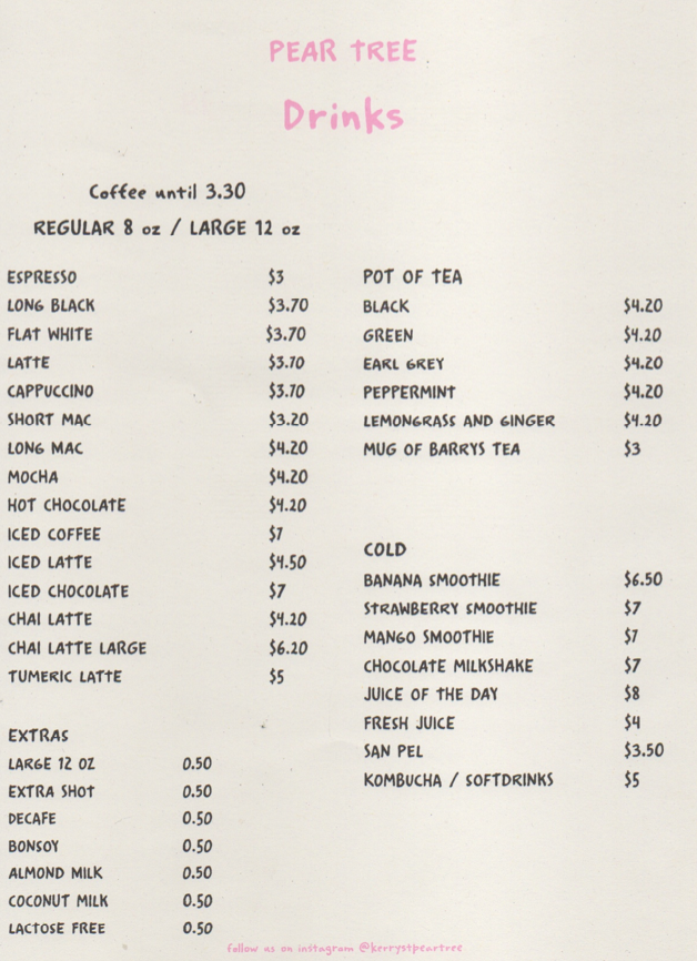 Menu, Kerry Street Pear Tree Cafe and Pizzeria