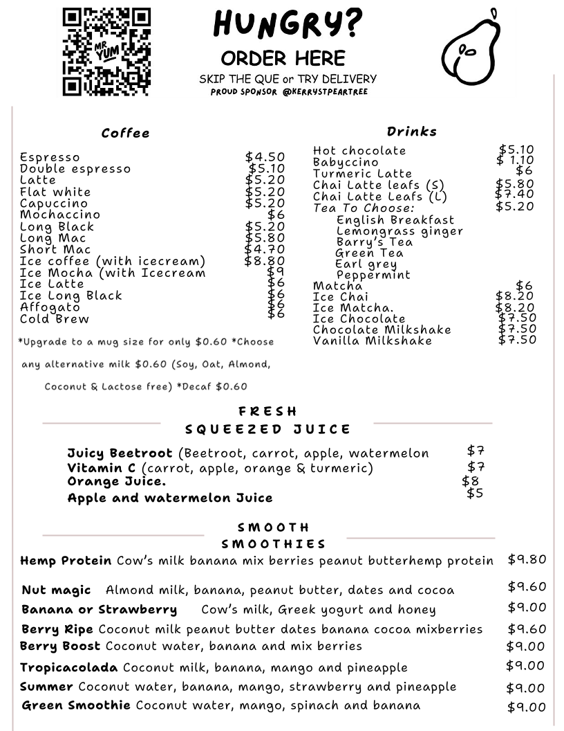 Menu, Kerry Street Pear Tree Cafe and Pizzeria