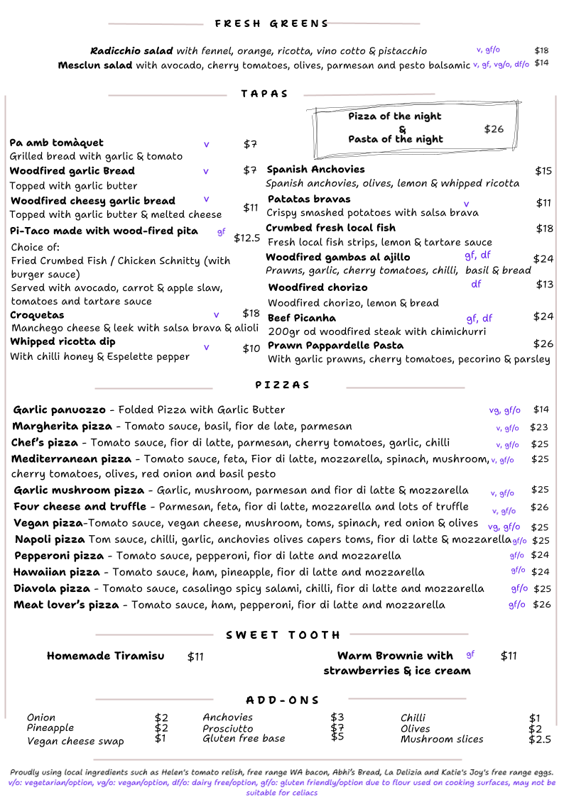 Menu, Kerry Street Pear Tree Cafe and Pizzeria