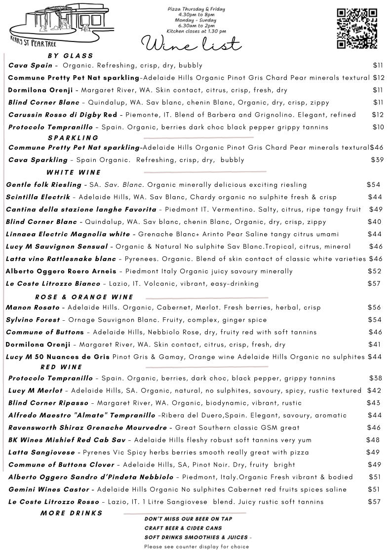 Menu, Kerry Street Pear Tree Cafe and Pizzeria