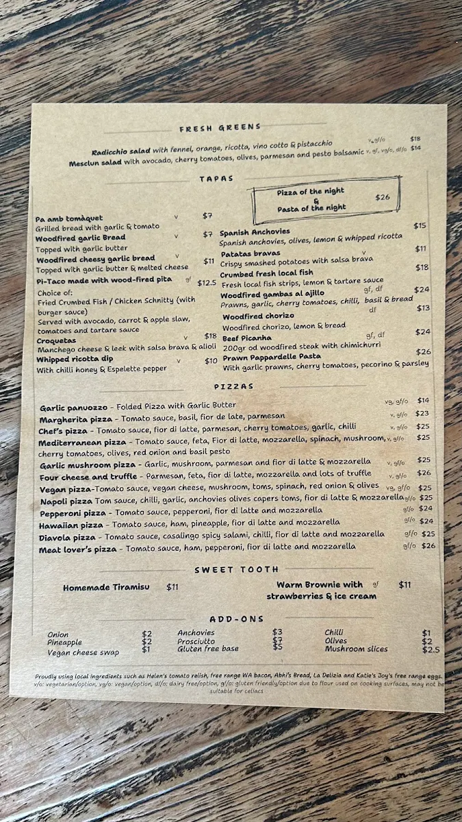Menu, Kerry Street Pear Tree Cafe and Pizzeria