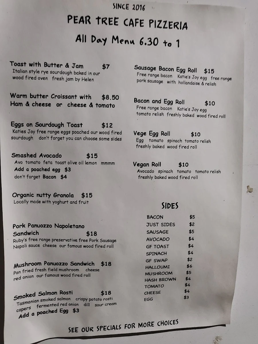 Menu, Kerry Street Pear Tree Cafe and Pizzeria