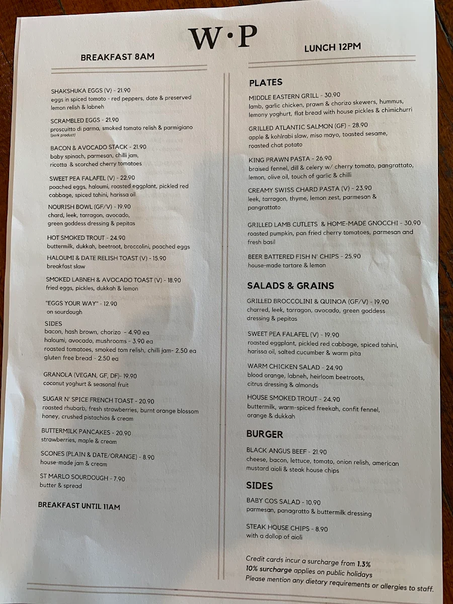 Menu, Wildpear Cafe