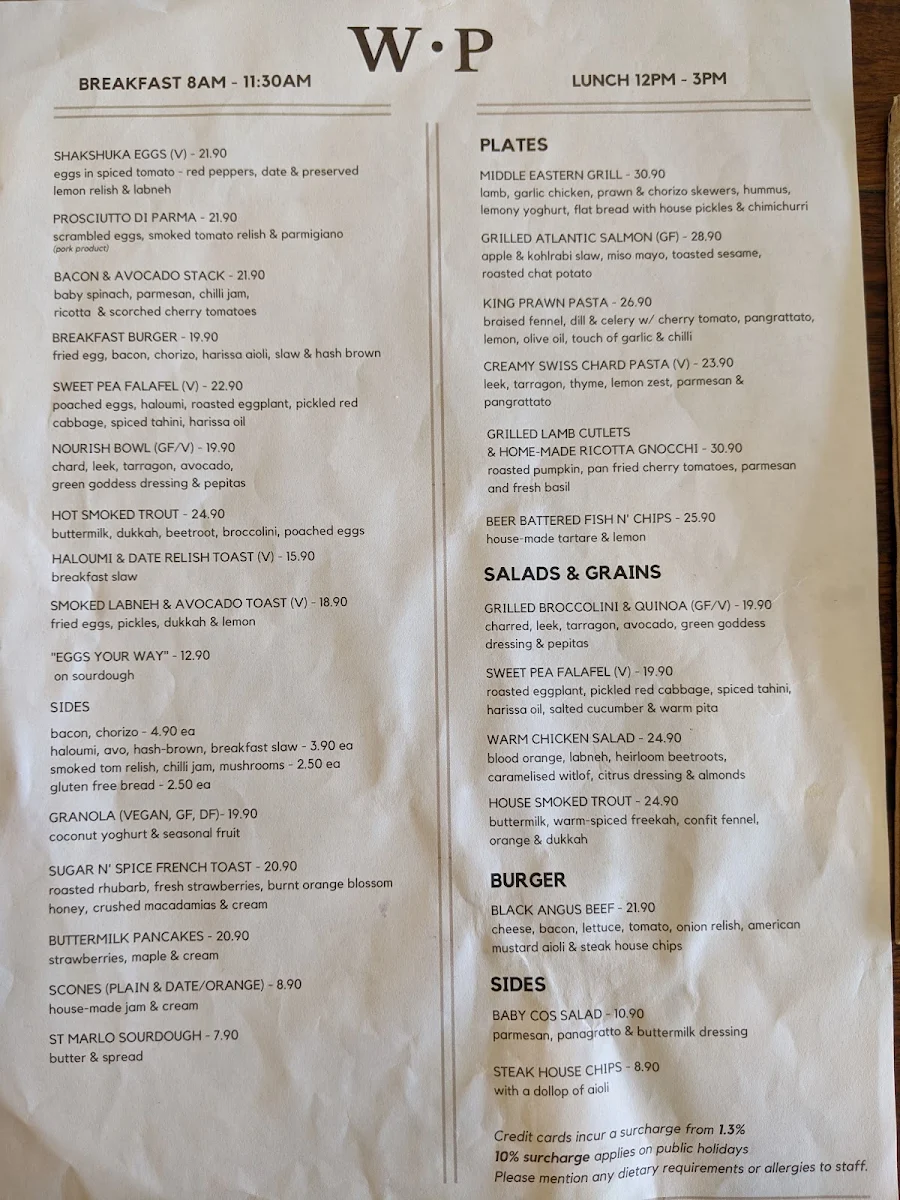 Menu, Wildpear Cafe