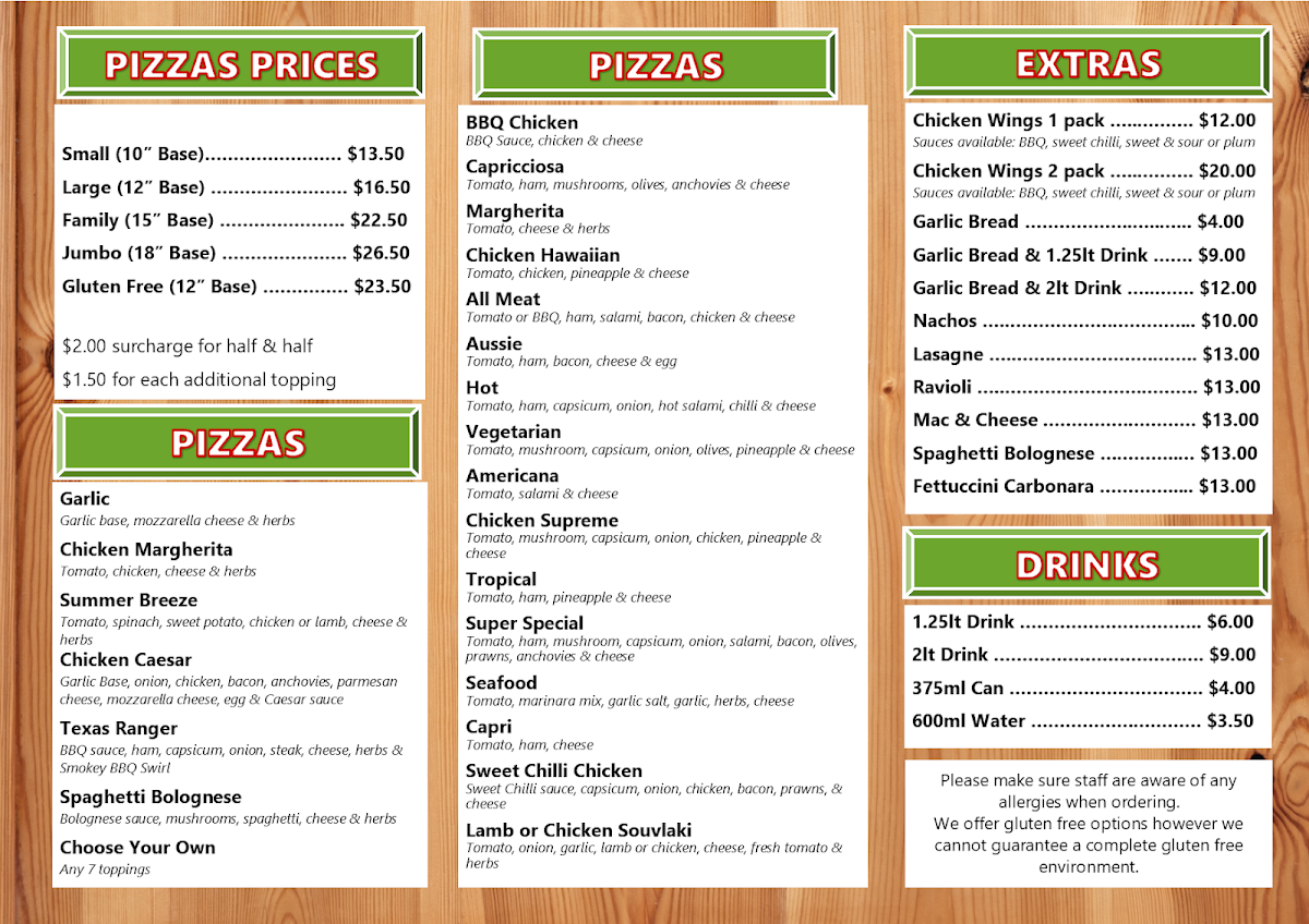 Menu, Wodonga Pizza