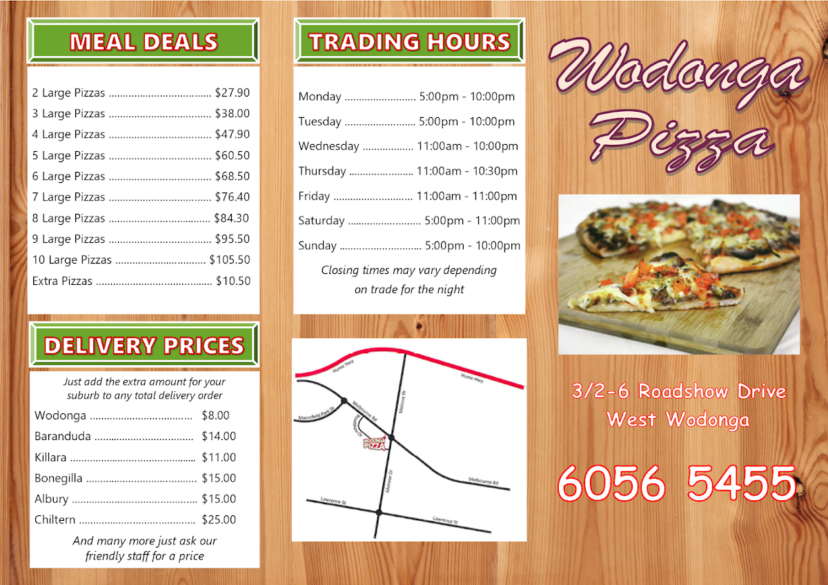 Menu, Wodonga Pizza