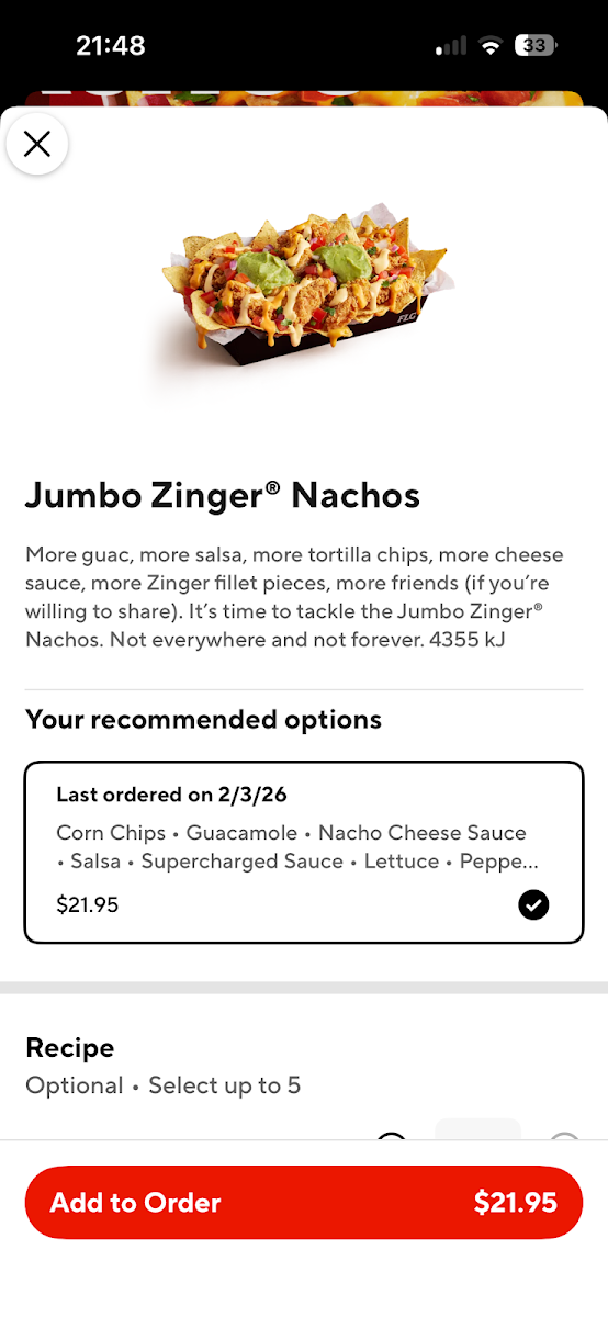 Menu, KFC Bonnyrigg
