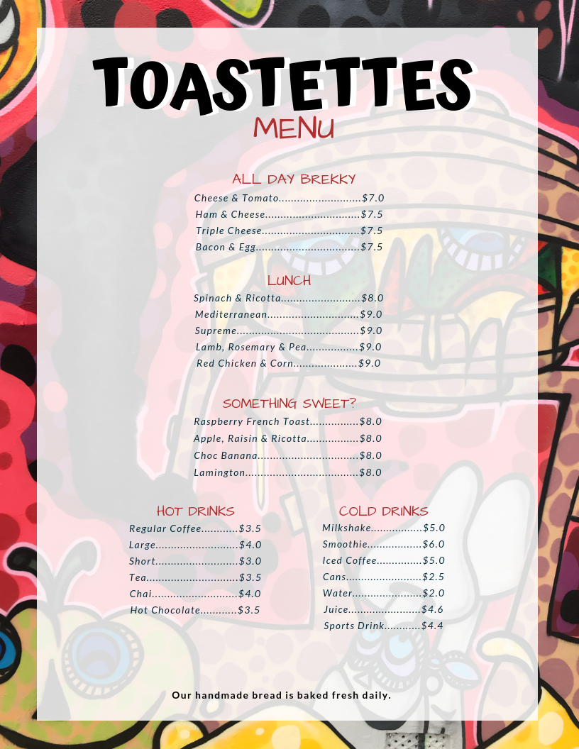 Menu, Toastettes