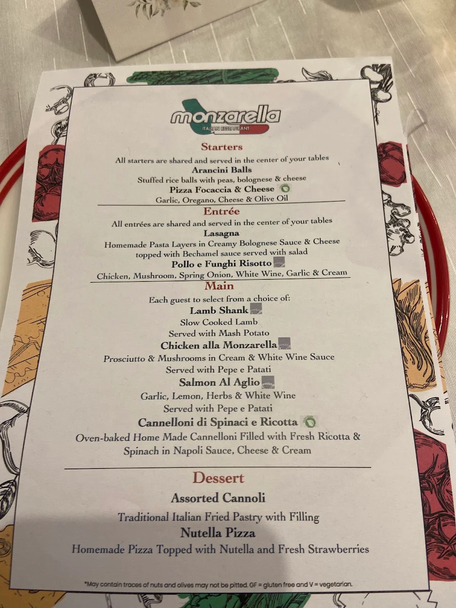 Menu, Monzarella Italian Restaurant