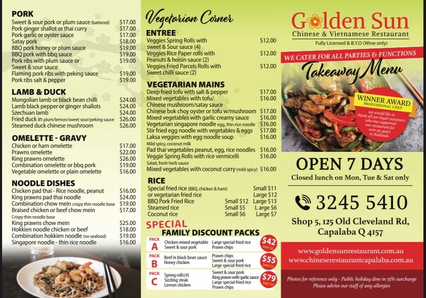 Menu, Golden Sun Chinese & Vietnamese Restaurant Capalaba