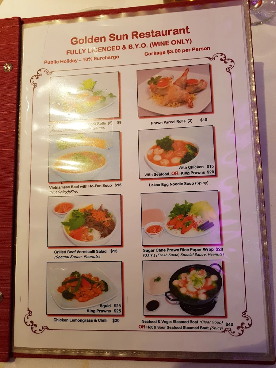 Menu, Golden Sun Chinese & Vietnamese Restaurant Capalaba