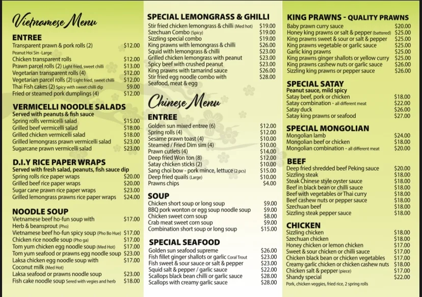 Menu, Golden Sun Chinese & Vietnamese Restaurant Capalaba