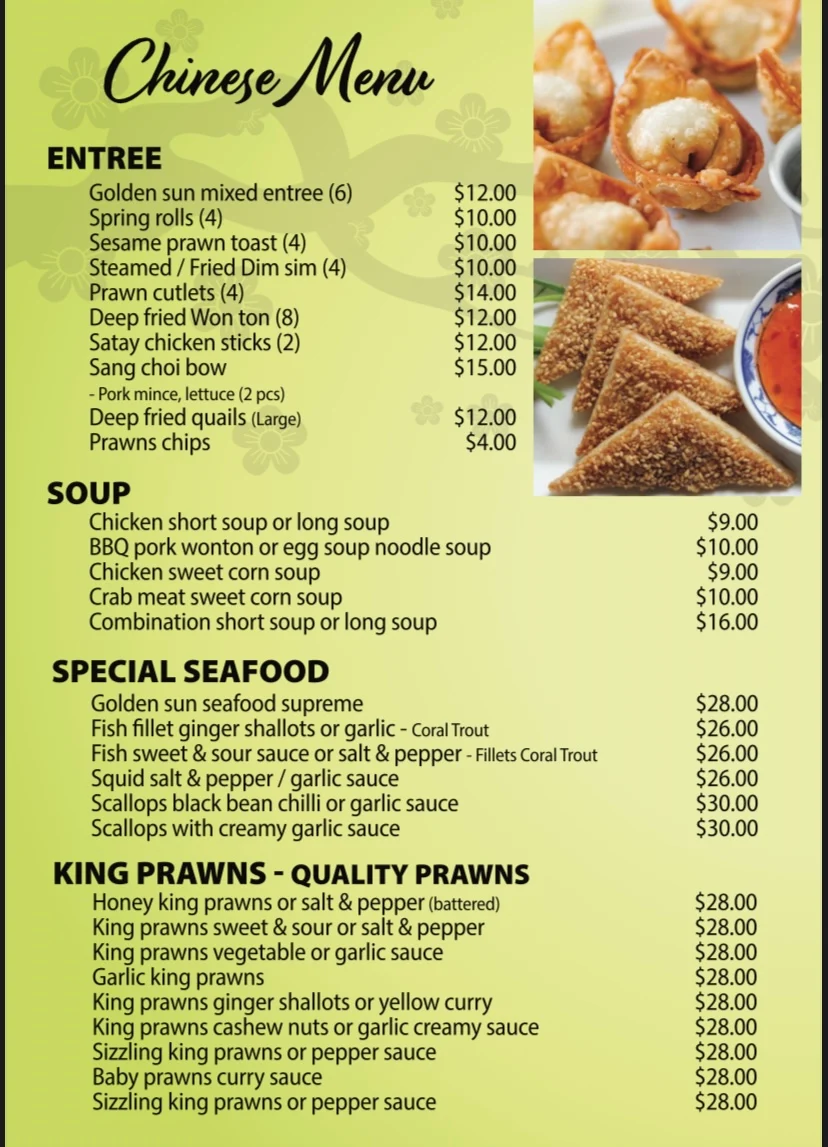 Menu, Golden Sun Chinese & Vietnamese Restaurant Capalaba