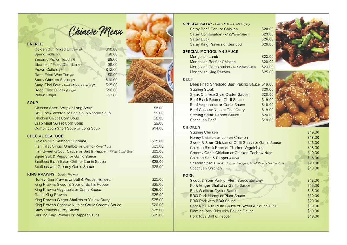 Menu, Golden Sun Chinese & Vietnamese Restaurant Capalaba