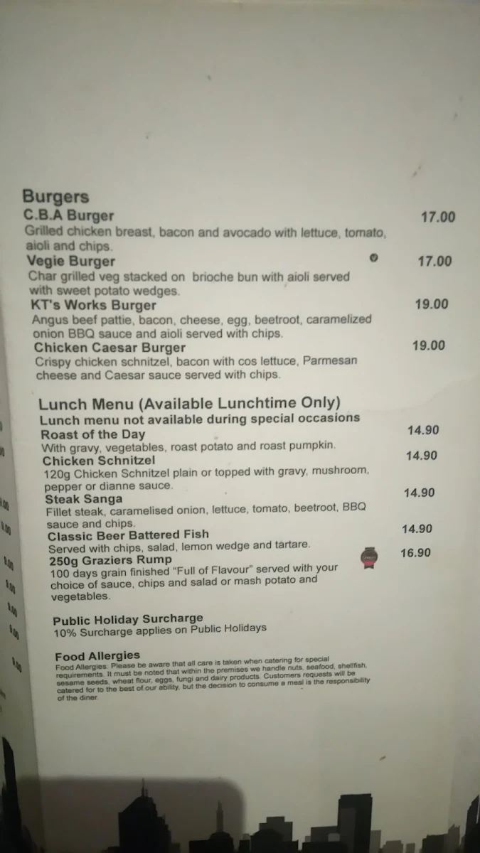 Menu, Kallangur Tavern
