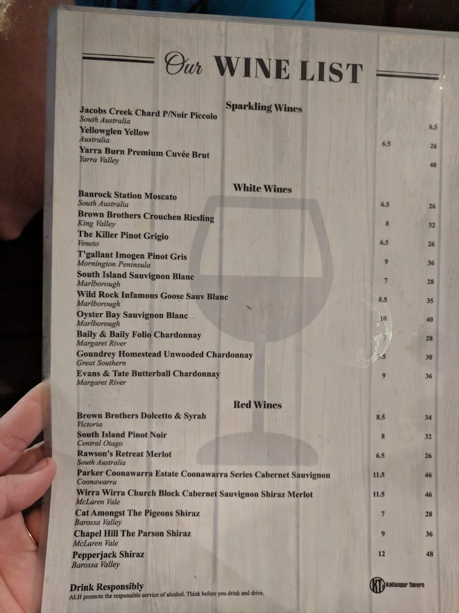 Menu, Kallangur Tavern