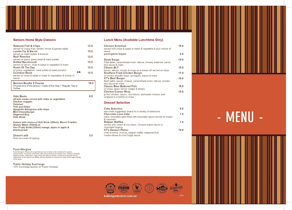 Menu, Kallangur Tavern