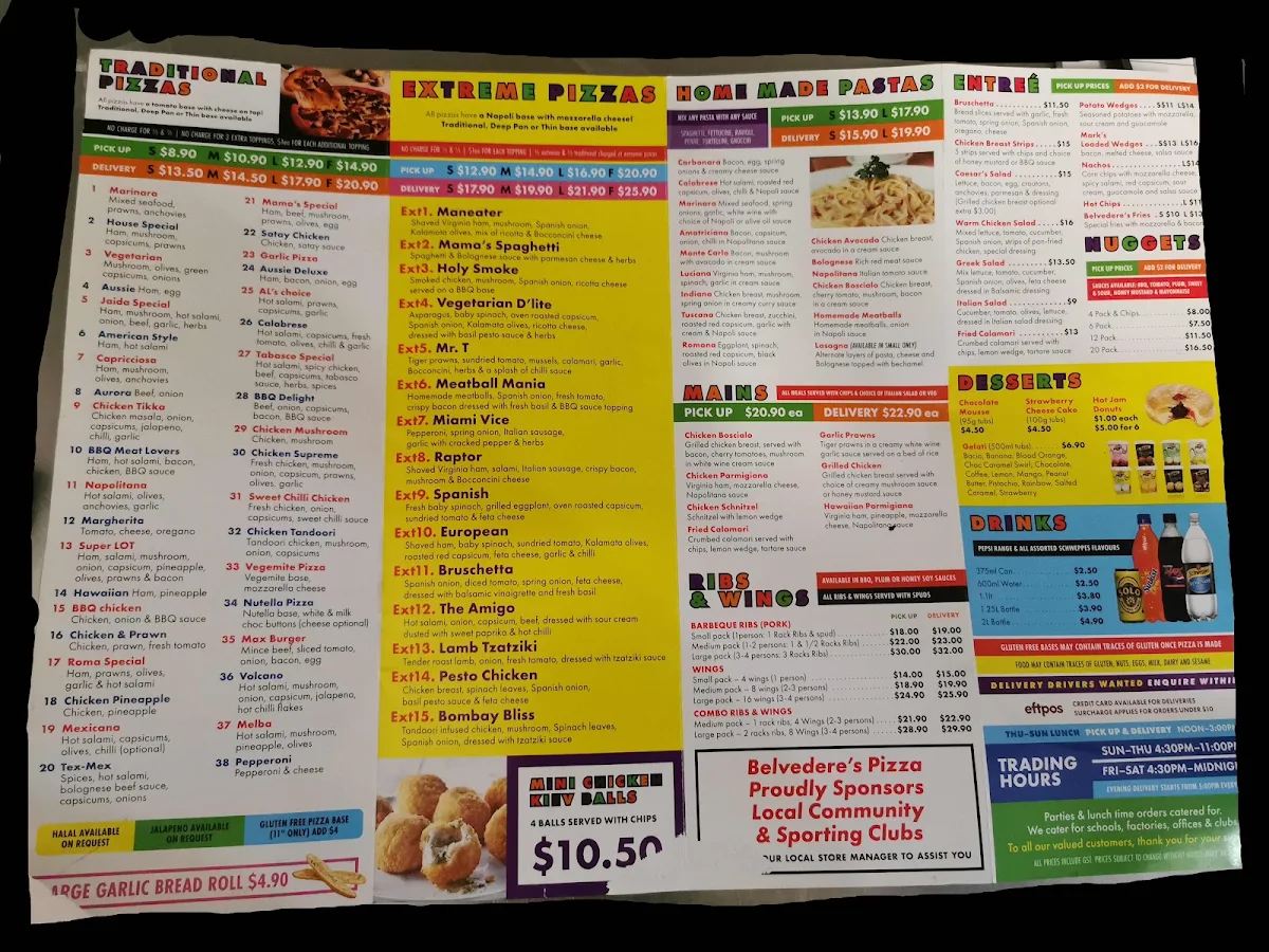 Menu, Belvedere Pizza
