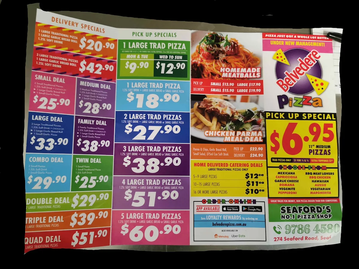 Menu, Belvedere Pizza