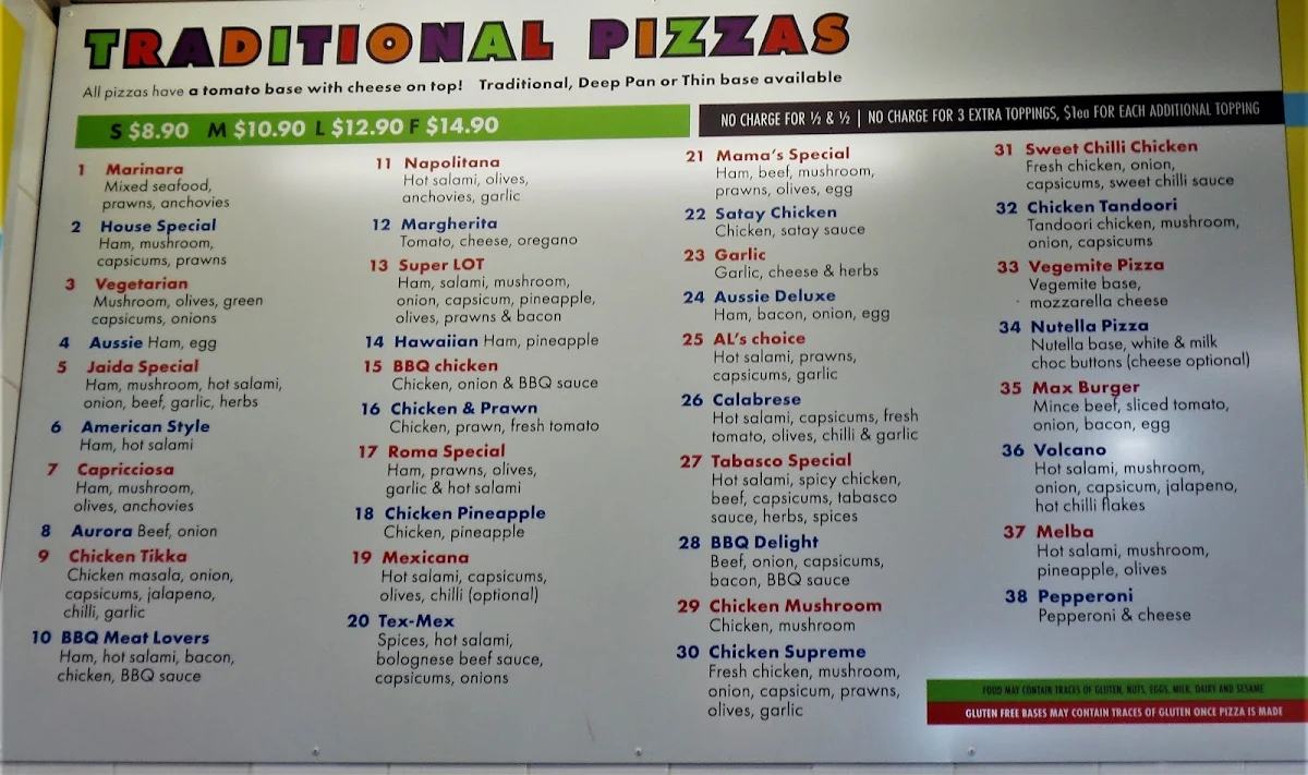 Menu, Belvedere Pizza