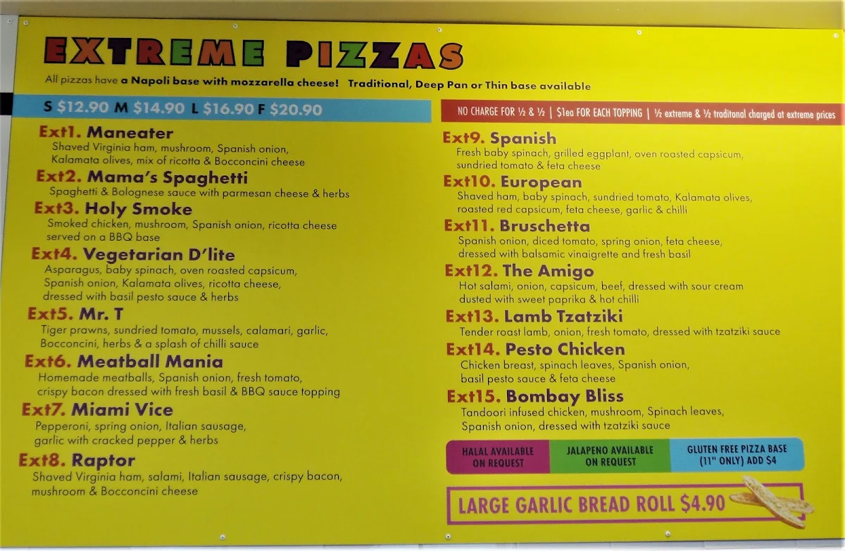 Menu, Belvedere Pizza