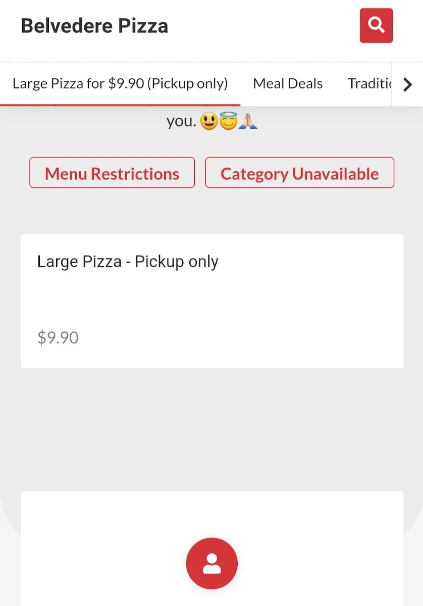 Menu, Belvedere Pizza