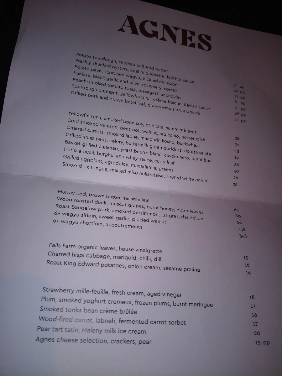 Menu, Agnes Restaurant