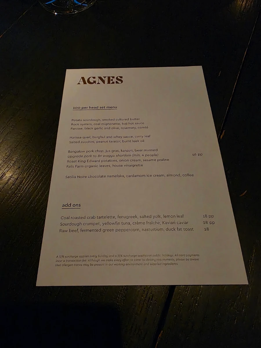 Menu, Agnes Restaurant