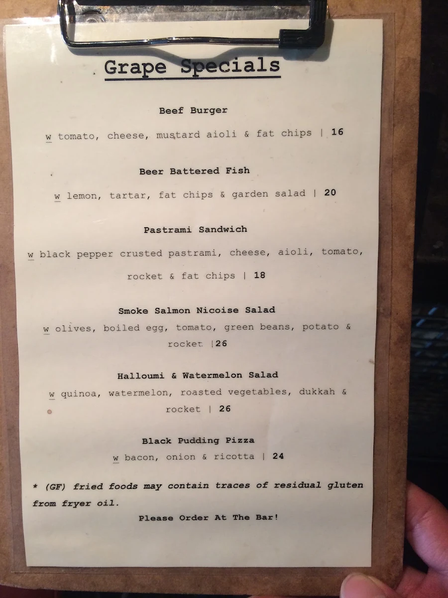 Menu, Grape Food and Wine Bar