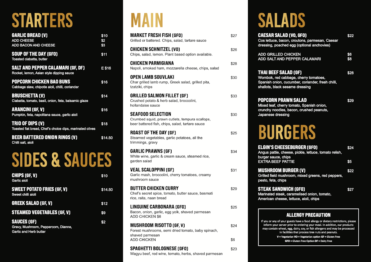 Menu, Elgin's Hotel Wodonga