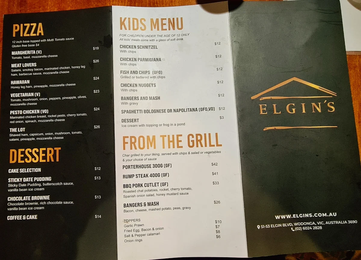 Menu, Elgin's Hotel Wodonga