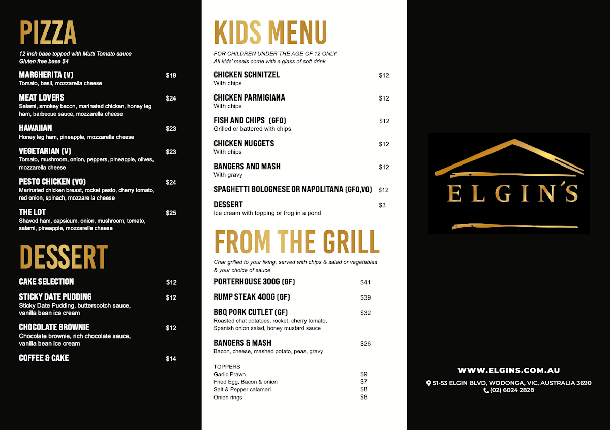 Menu, Elgin's Hotel Wodonga