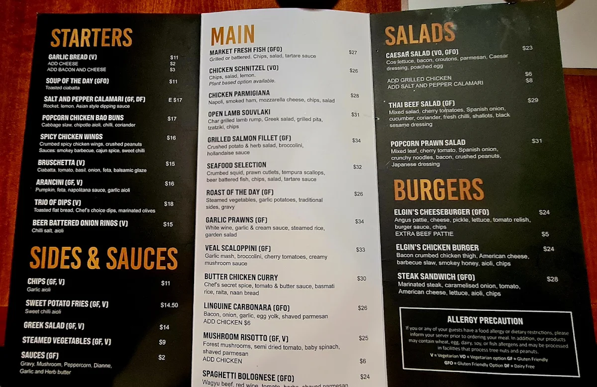 Menu, Elgin's Hotel Wodonga