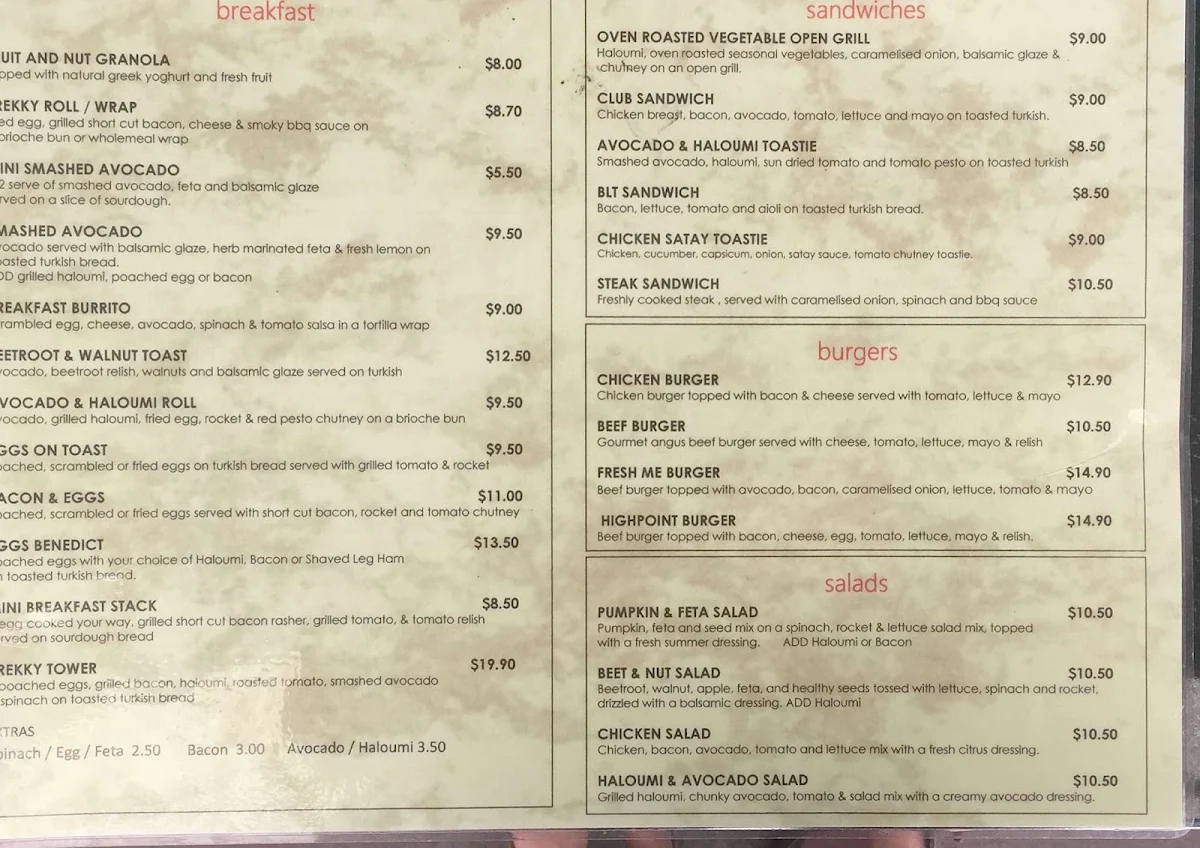Menu, Highpoint Espresso
