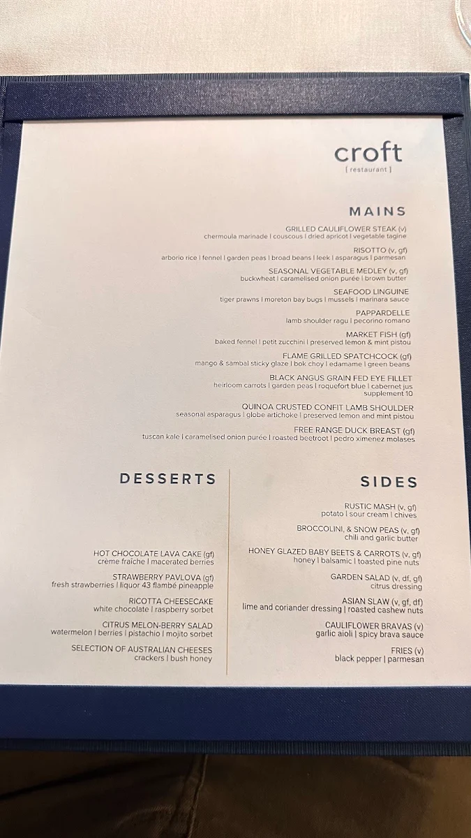 Menu, Croft Restaurant