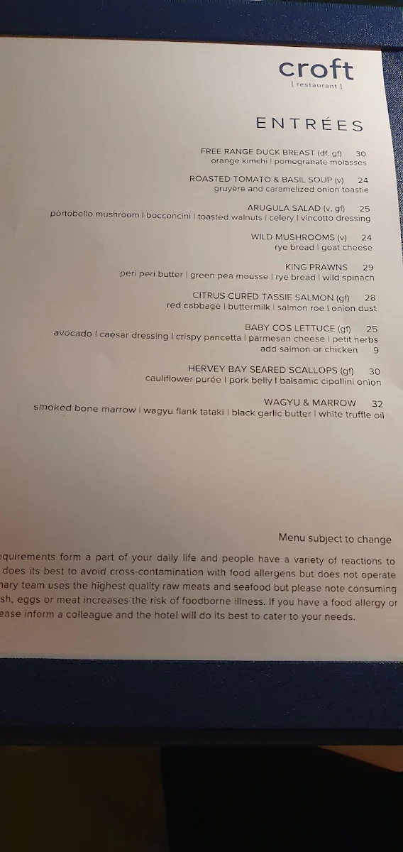 Menu, Croft Restaurant