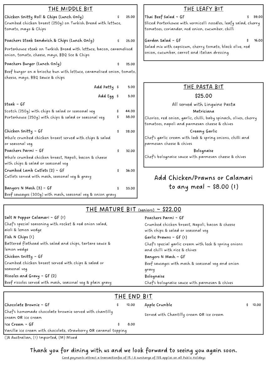 Menu, Poachers Paradise Hotel