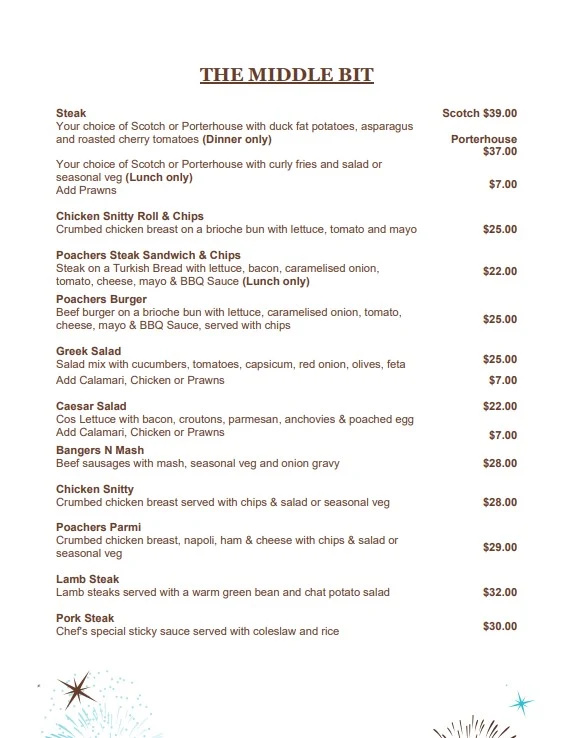 Menu, Poachers Paradise Hotel