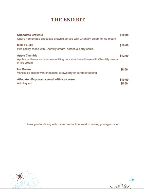 Menu, Poachers Paradise Hotel