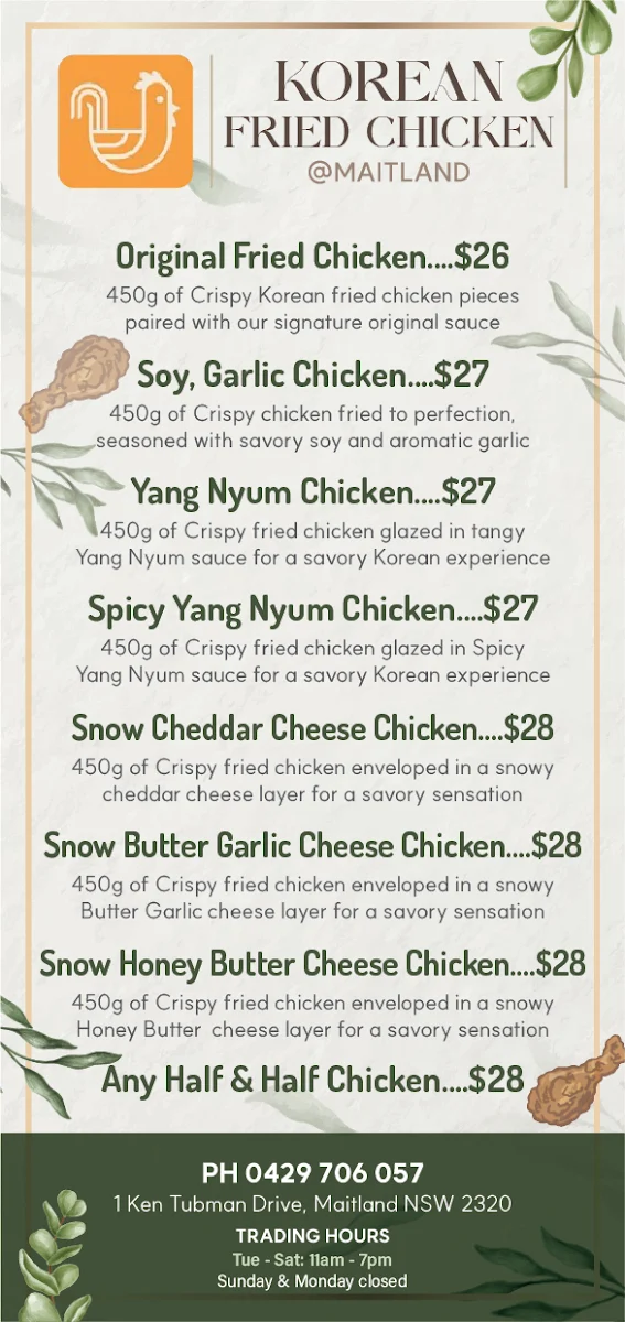 Menu, Korean Fried Chicken @ Maitland
