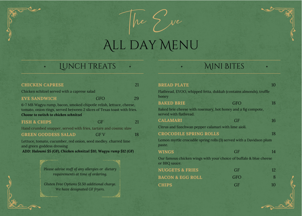 Menu, The Eve Cafe and Bar