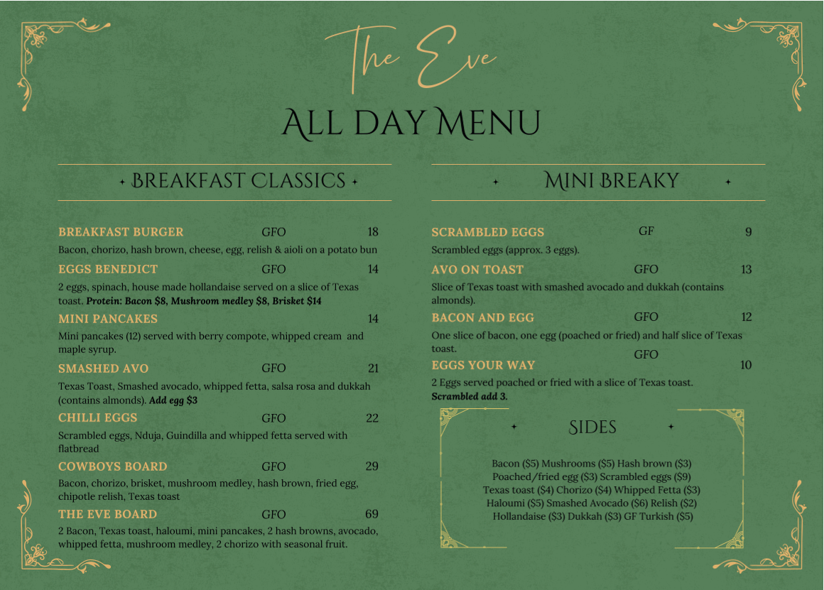 Menu, The Eve Cafe and Bar