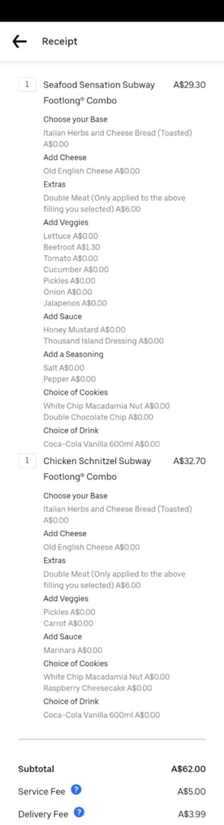 Menu, Subway